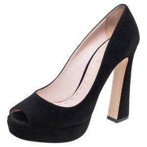 Miu Miu Suede Leather Peep Toe Flared Heel Black Platform Pumps SIZE 39